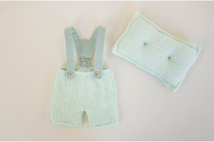 Calça C/ Suspensório + Travesseiro Tricot Verde - Newborn