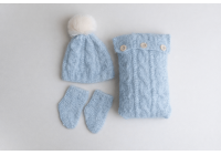 Conjunto Travesseiro Tricot  + Gorro Pompom + Meia  - Azul