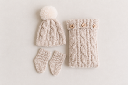 Conjunto Travesseiro Tricot + Gorro Pompom + Meia - Bege Claro Conjunto Travesseiro Tricot + Gorro Pompom + Meia - Bege Claro
