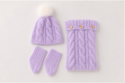 Conjunto Travesseiro Tricot + Gorro Pompom + Meia - Lilás Conjunto Travesseiro Tricot + Gorro Pompom + Meia - Lilás