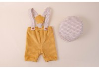 Short Com Suspensório + Boina Dupla Face Mostarda  -  Newborn