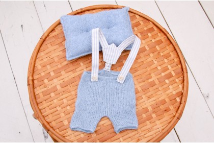 Calça C/ Suspensório + Travesseiro Tricot Azul  - Newborn