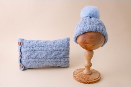 Conjunto Travesseiro Tricot  + Gorro Pompom - Azul