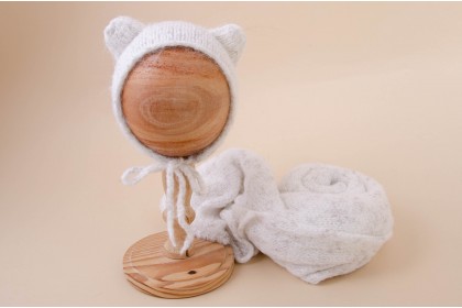 Conjunto Wrap Tricot Max + Touca Orelhinha Branco Mescla